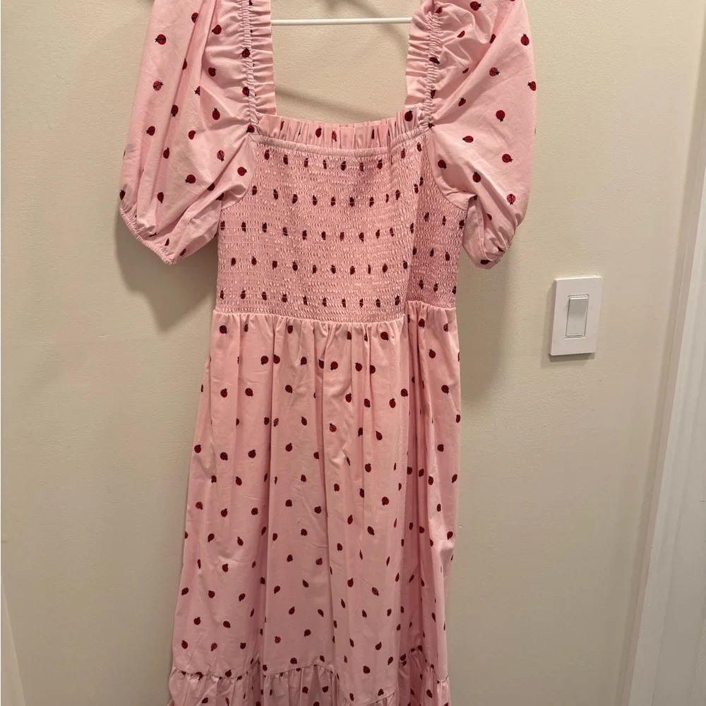 Kate Spade Pink Ladybug Smocked Puff Sleeve Dress - Picture 1 of 3